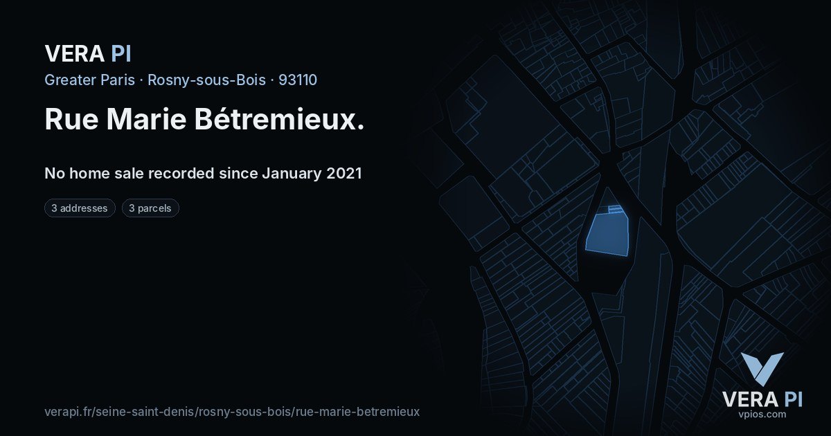 Rue Marie Bétremieux, Rosny-sous-Bois at night – every parcel coloured by the prices around it, the street's own parcels lit