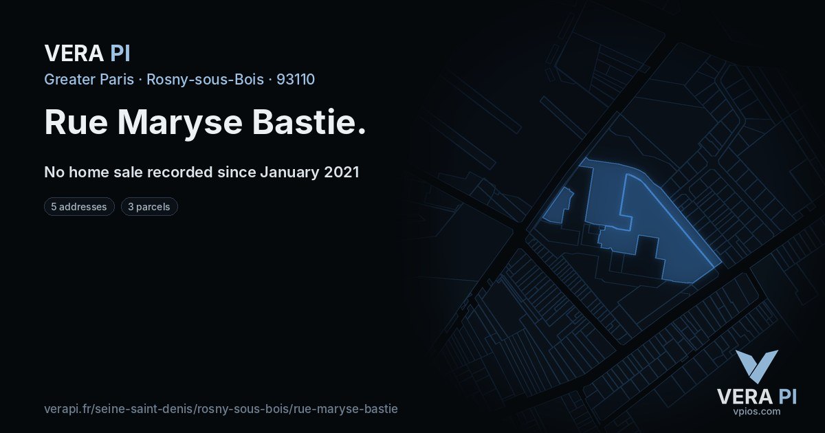 Rue Maryse Bastie, Rosny-sous-Bois at night – every parcel coloured by the prices around it, the street's own parcels lit