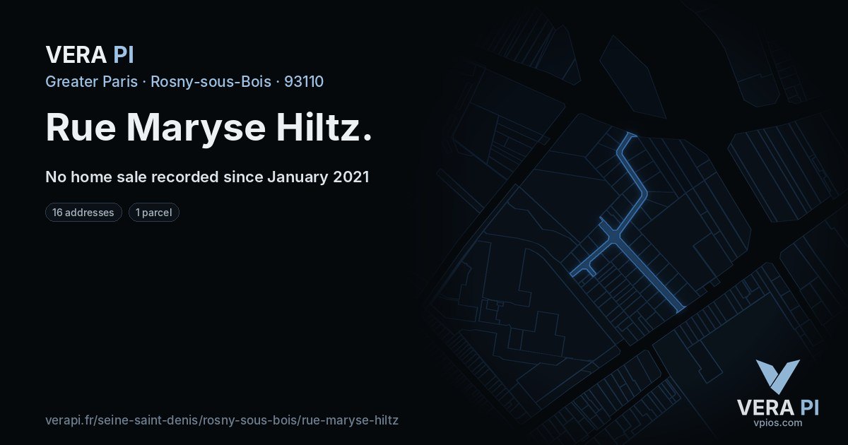 Rue Maryse Hiltz, Rosny-sous-Bois at night – every parcel coloured by the prices around it, the street's own parcels lit