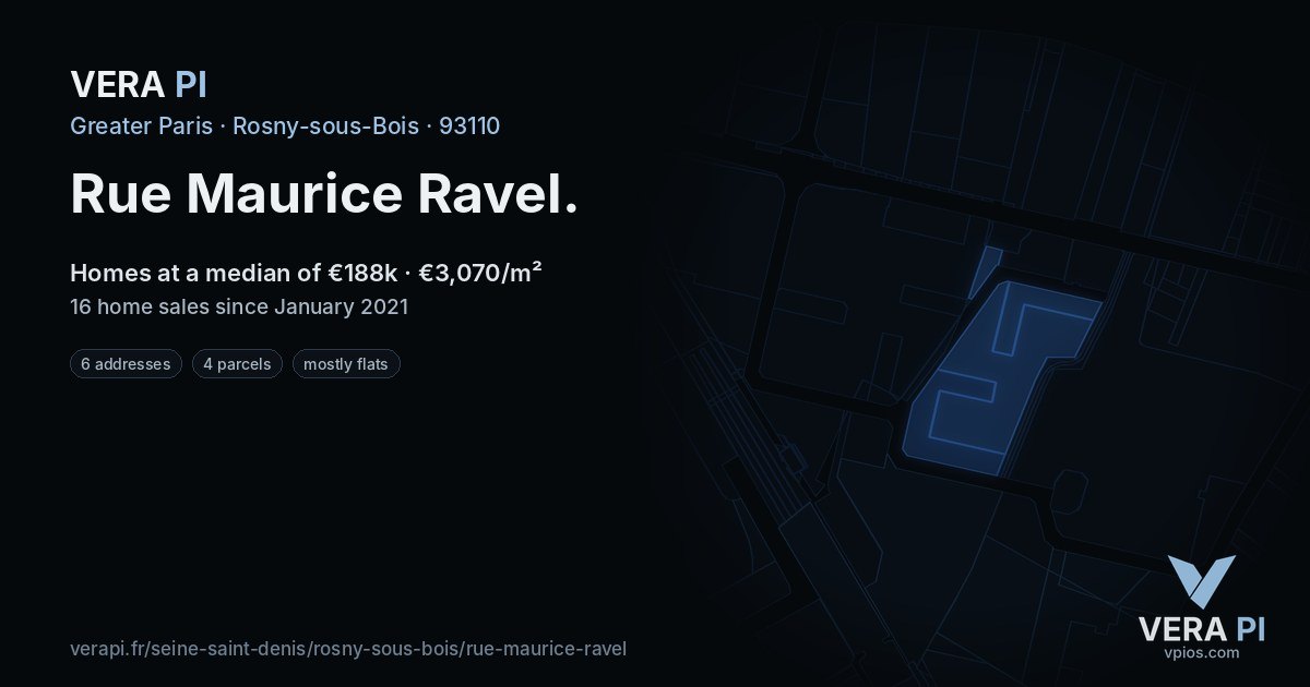 Rue Maurice Ravel, Rosny-sous-Bois at night – every parcel coloured by the prices around it, the street's own parcels lit