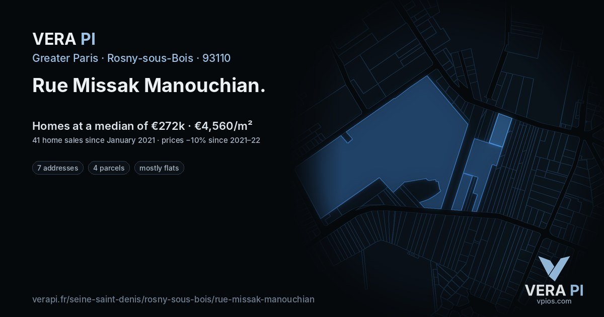 Rue Missak Manouchian, Rosny-sous-Bois at night – every parcel coloured by the prices around it, the street's own parcels lit