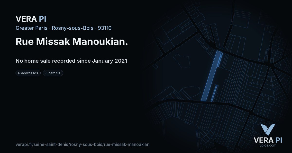 Rue Missak Manoukian, Rosny-sous-Bois at night – every parcel coloured by the prices around it, the street's own parcels lit