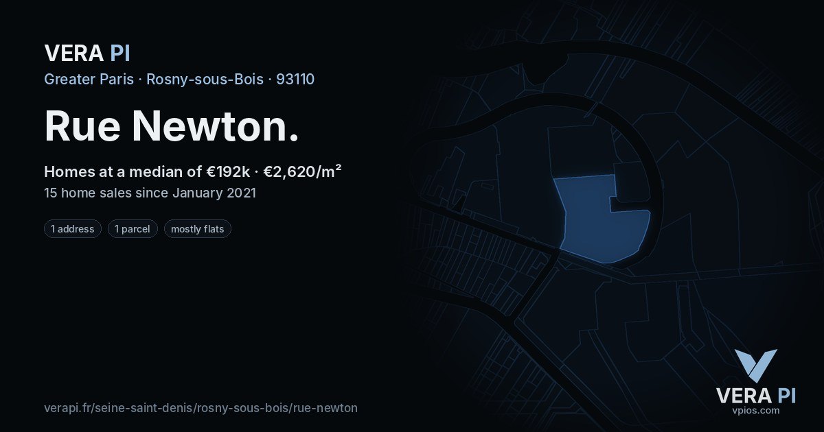 Rue Newton, Rosny-sous-Bois at night – every parcel coloured by the prices around it, the street's own parcels lit