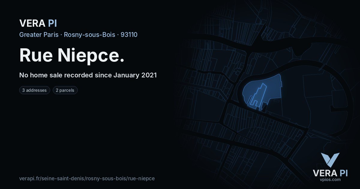 Rue Niepce, Rosny-sous-Bois at night – every parcel coloured by the prices around it, the street's own parcels lit