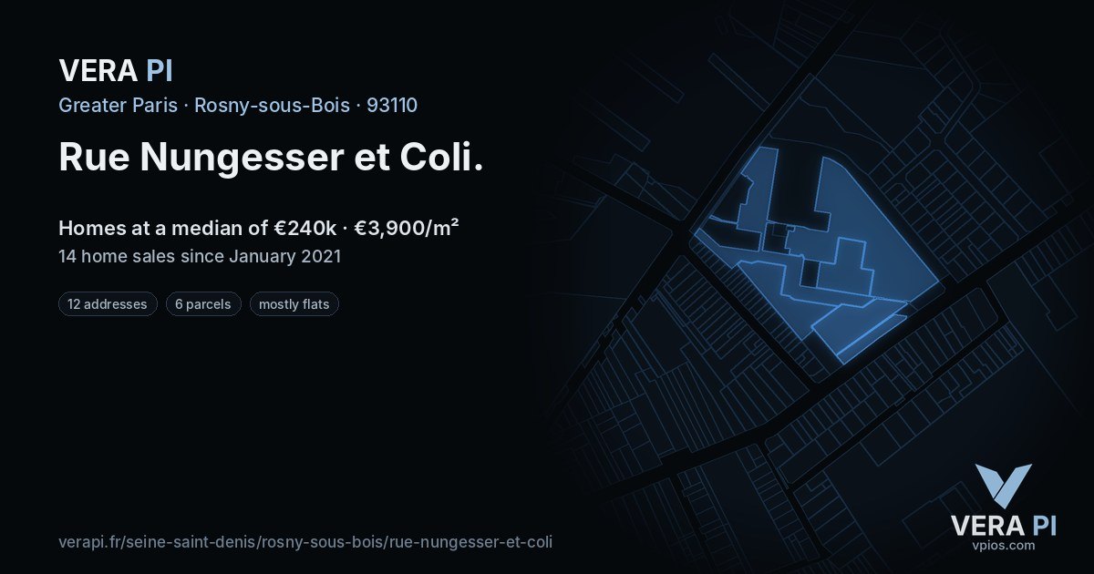 Rue Nungesser et Coli, Rosny-sous-Bois at night – every parcel coloured by the prices around it, the street's own parcels lit