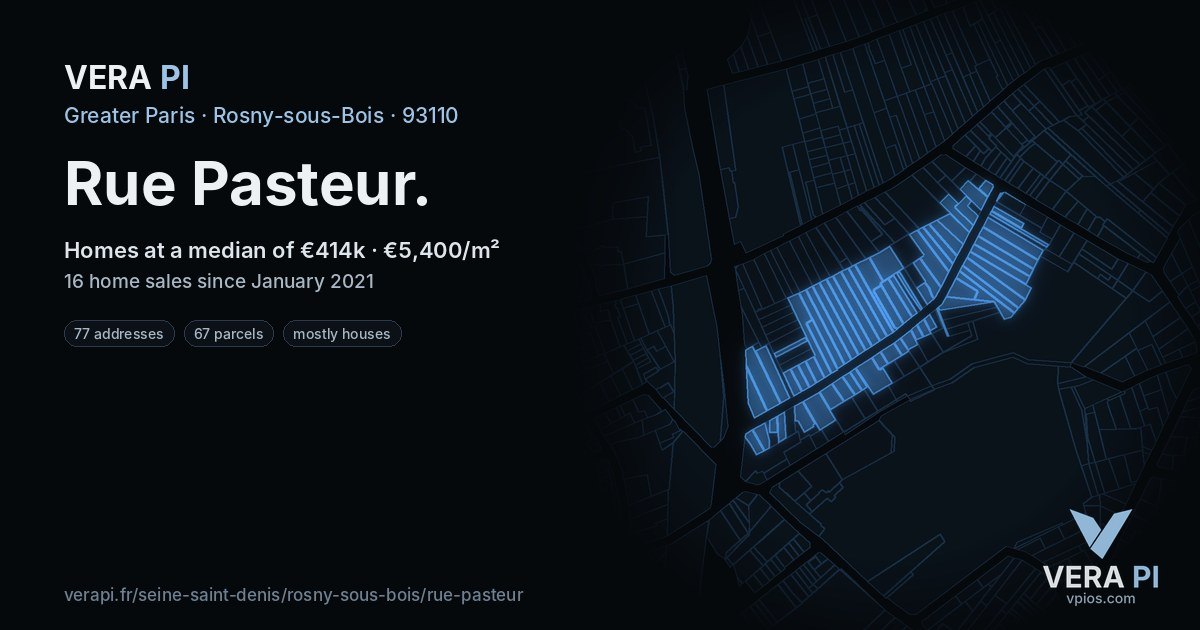 Rue Pasteur, Rosny-sous-Bois at night – every parcel coloured by the prices around it, the street's own parcels lit
