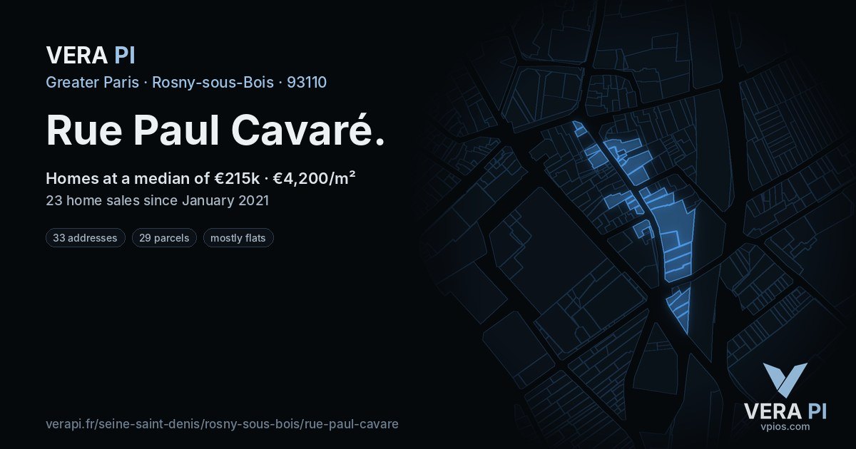 Rue Paul Cavaré, Rosny-sous-Bois at night – every parcel coloured by the prices around it, the street's own parcels lit
