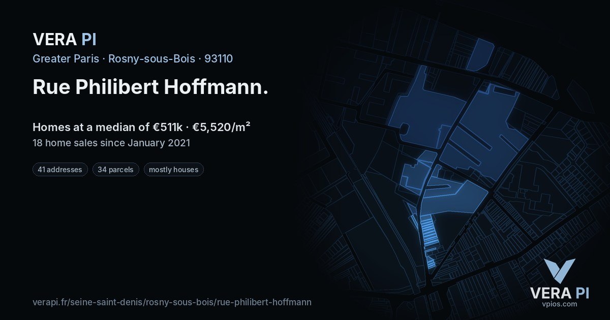 Rue Philibert Hoffmann, Rosny-sous-Bois at night – every parcel coloured by the prices around it, the street's own parcels lit