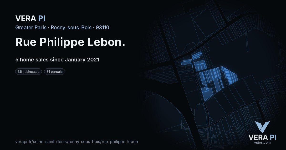 Rue Philippe Lebon, Rosny-sous-Bois at night – every parcel coloured by the prices around it, the street's own parcels lit