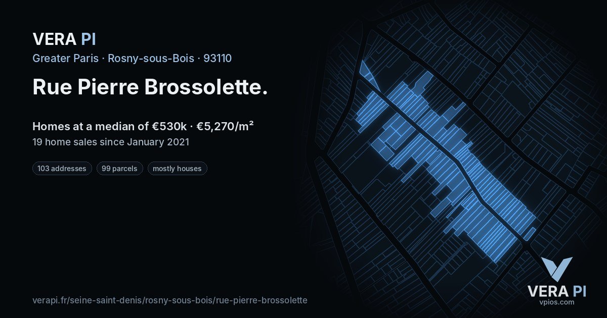 Rue Pierre Brossolette, Rosny-sous-Bois at night – every parcel coloured by the prices around it, the street's own parcels lit