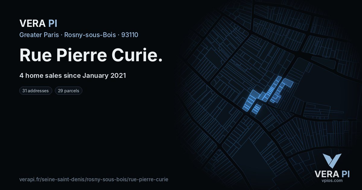 Rue Pierre Curie, Rosny-sous-Bois at night – every parcel coloured by the prices around it, the street's own parcels lit