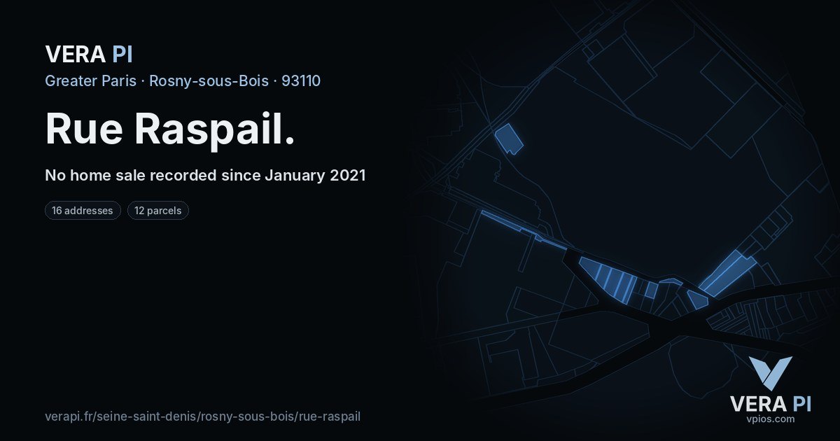Rue Raspail, Rosny-sous-Bois at night – every parcel coloured by the prices around it, the street's own parcels lit