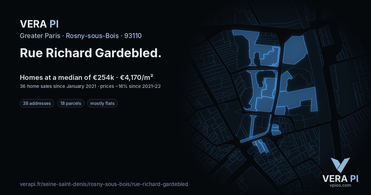 Rue Richard Gardebled, Rosny-sous-Bois at night – every parcel coloured by the prices around it, the street's own parcels lit