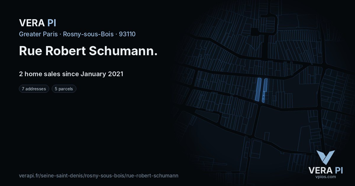 Rue Robert Schumann, Rosny-sous-Bois at night – every parcel coloured by the prices around it, the street's own parcels lit