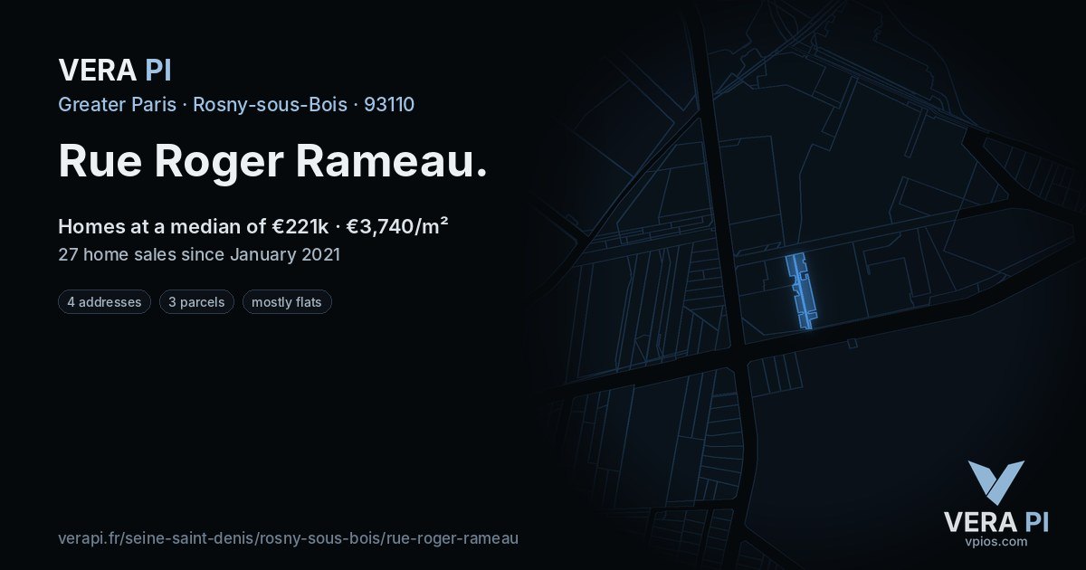 Rue Roger Rameau, Rosny-sous-Bois at night – every parcel coloured by the prices around it, the street's own parcels lit