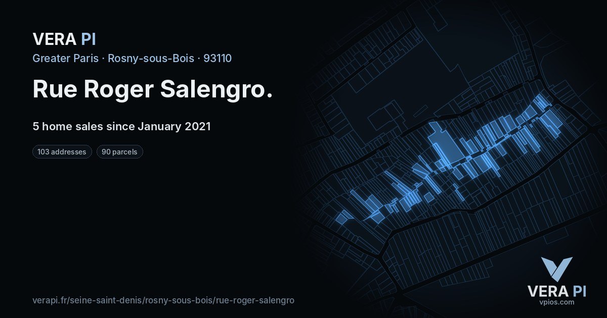 Rue Roger Salengro, Rosny-sous-Bois at night – every parcel coloured by the prices around it, the street's own parcels lit