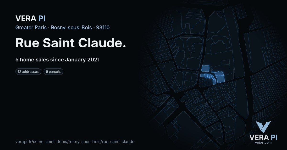 Rue Saint Claude, Rosny-sous-Bois at night – every parcel coloured by the prices around it, the street's own parcels lit
