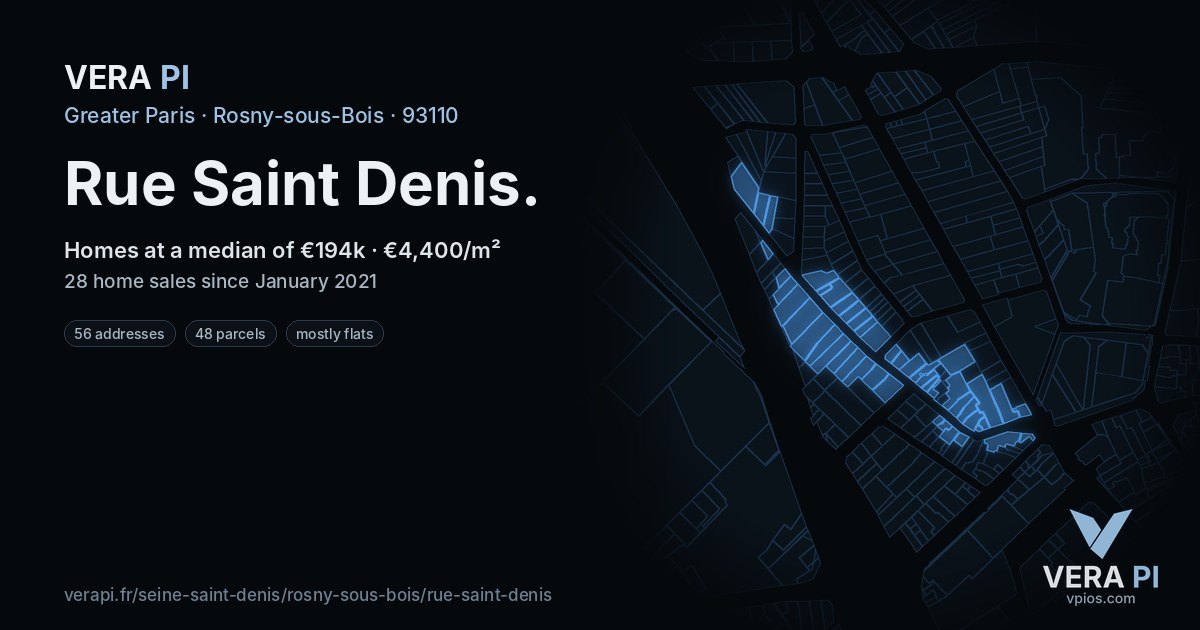 Rue Saint Denis, Rosny-sous-Bois at night – every parcel coloured by the prices around it, the street's own parcels lit