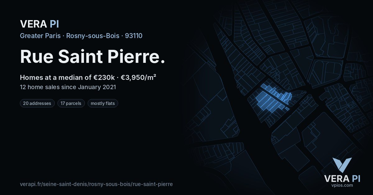 Rue Saint Pierre, Rosny-sous-Bois at night – every parcel coloured by the prices around it, the street's own parcels lit
