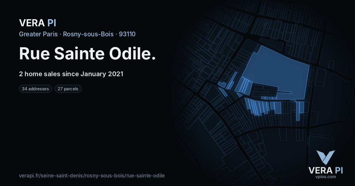 Rue Sainte Odile, Rosny-sous-Bois at night – every parcel coloured by the prices around it, the street's own parcels lit