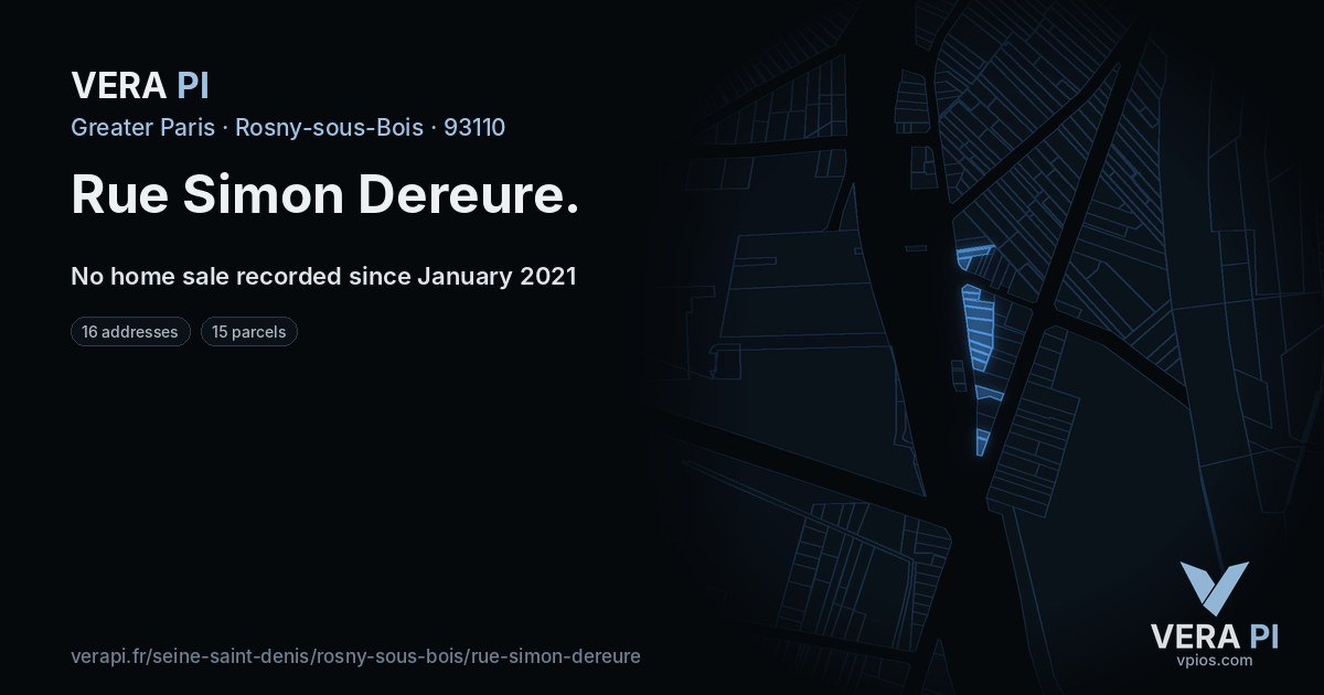 Rue Simon Dereure, Rosny-sous-Bois at night – every parcel coloured by the prices around it, the street's own parcels lit