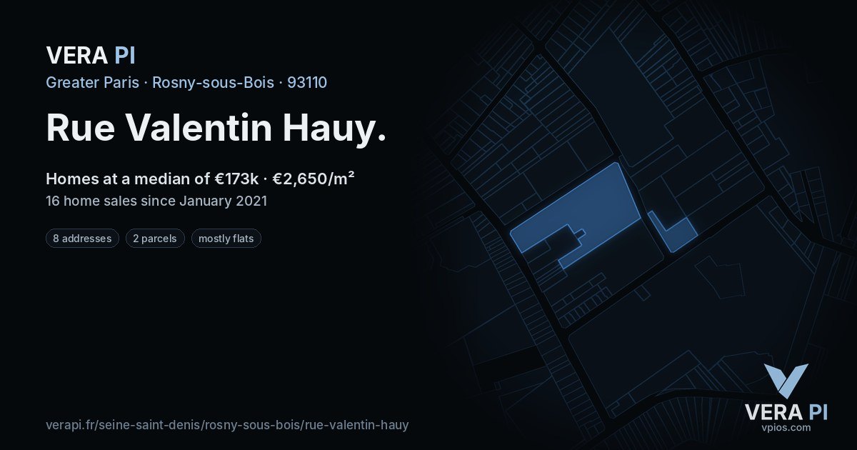 Rue Valentin Hauy, Rosny-sous-Bois at night – every parcel coloured by the prices around it, the street's own parcels lit
