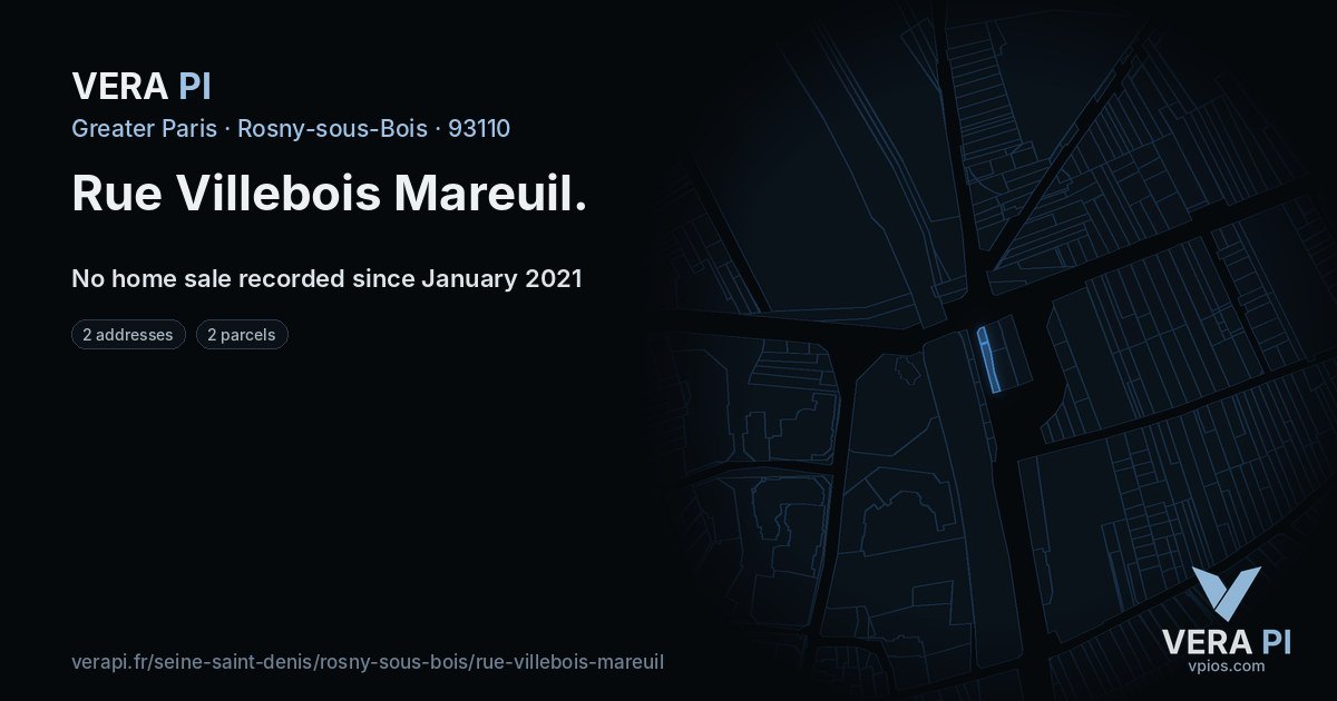 Rue Villebois Mareuil, Rosny-sous-Bois at night – every parcel coloured by the prices around it, the street's own parcels lit