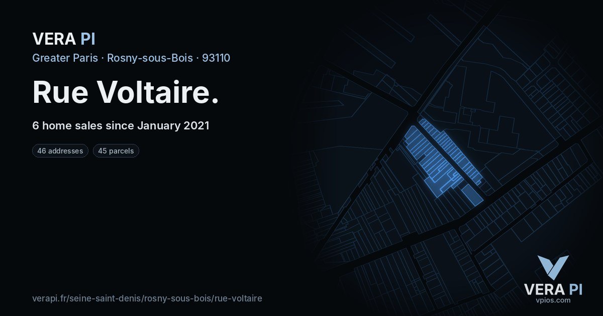 Rue Voltaire, Rosny-sous-Bois at night – every parcel coloured by the prices around it, the street's own parcels lit