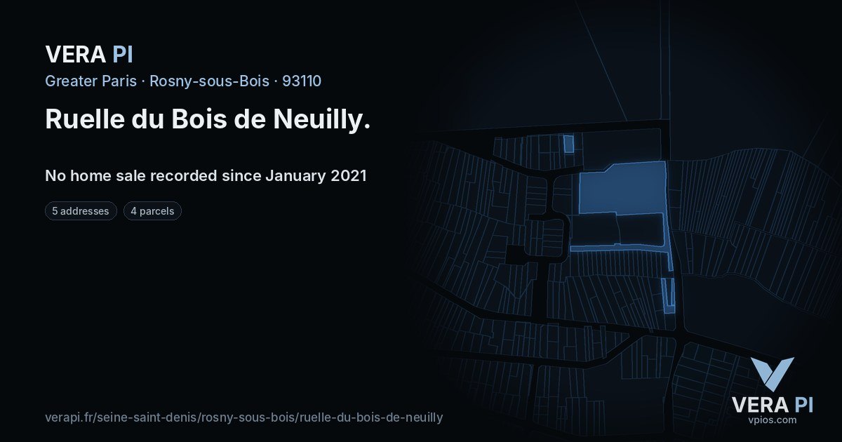 Ruelle du Bois de Neuilly, Rosny-sous-Bois at night – every parcel coloured by the prices around it, the street's own parcels lit