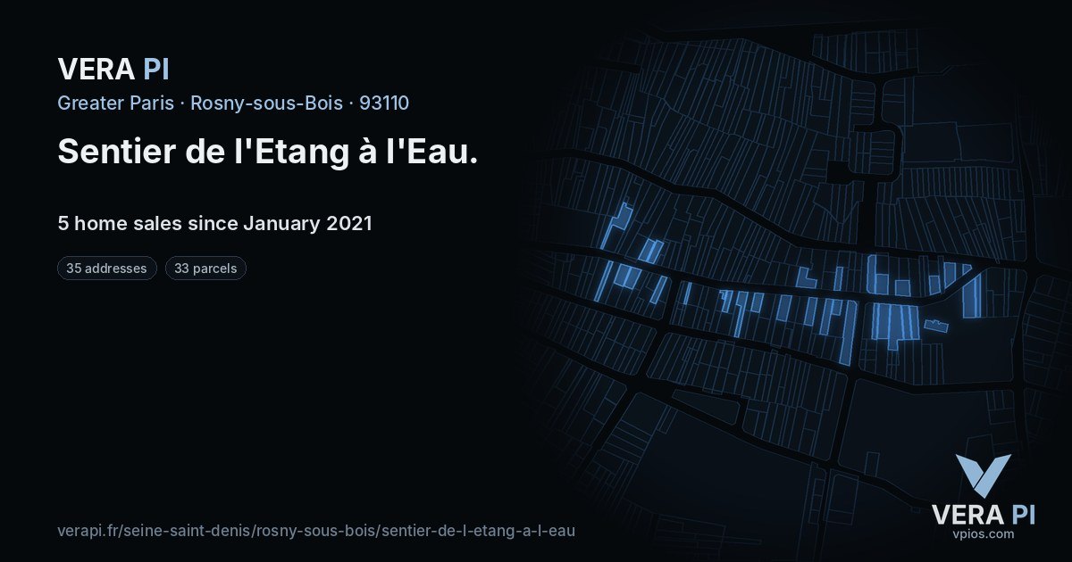 Sentier de l'Etang à l'Eau, Rosny-sous-Bois at night – every parcel coloured by the prices around it, the street's own parcels lit