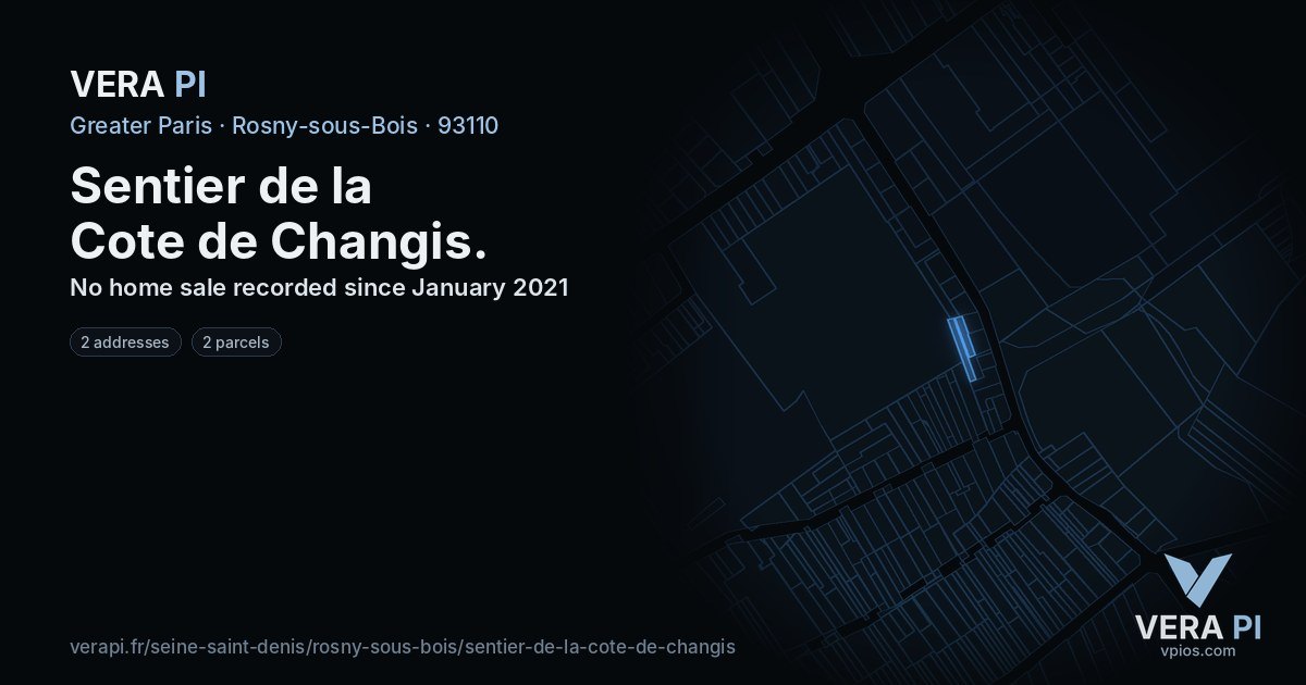 Sentier de la Cote de Changis, Rosny-sous-Bois at night – every parcel coloured by the prices around it, the street's own parcels lit