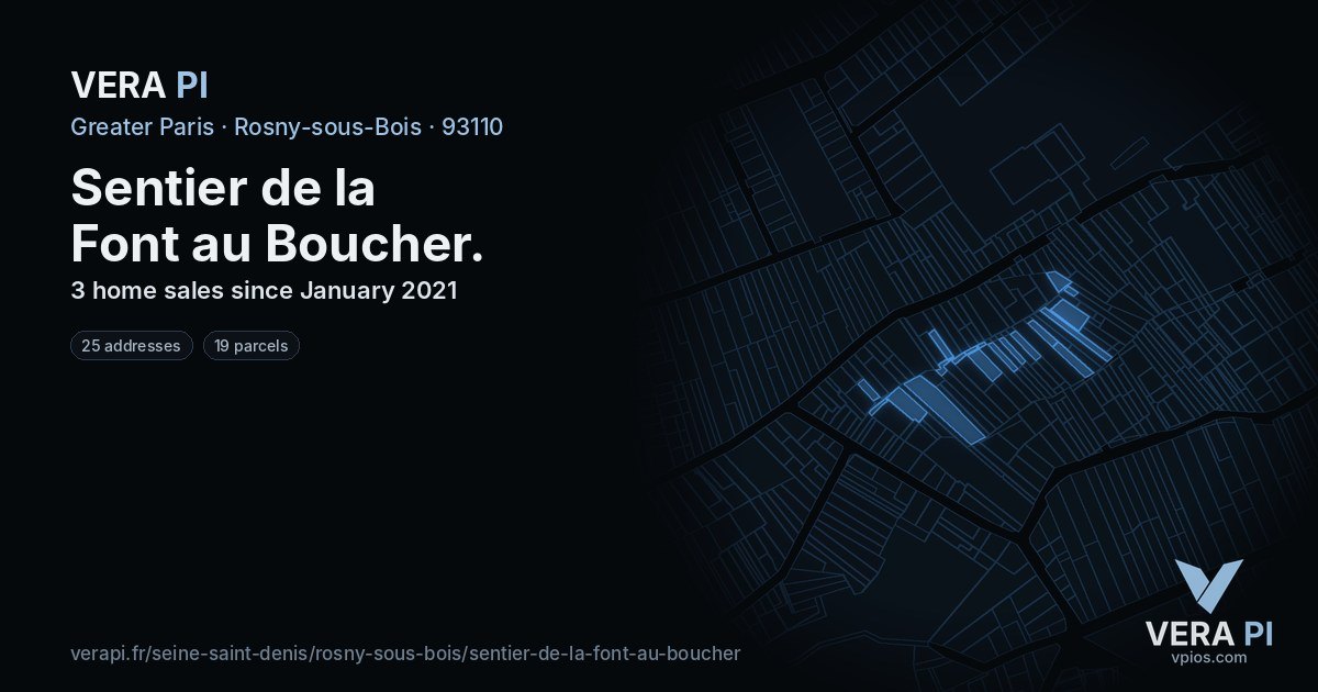 Sentier de la Font au Boucher, Rosny-sous-Bois at night – every parcel coloured by the prices around it, the street's own parcels lit
