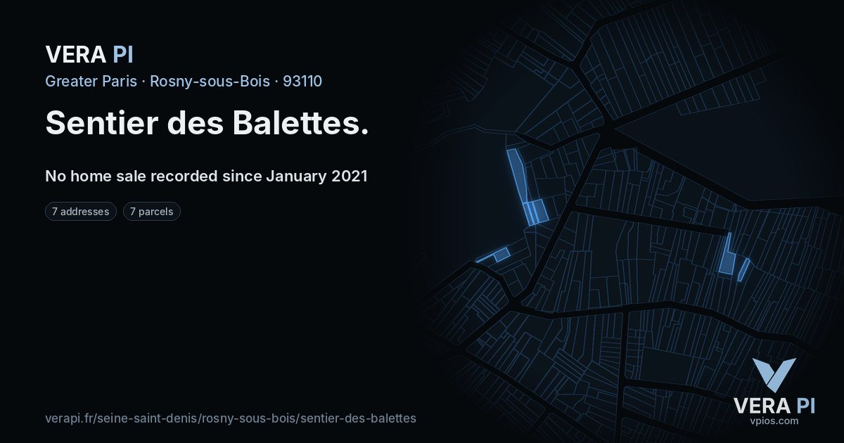 Sentier des Balettes, Rosny-sous-Bois at night – every parcel coloured by the prices around it, the street's own parcels lit
