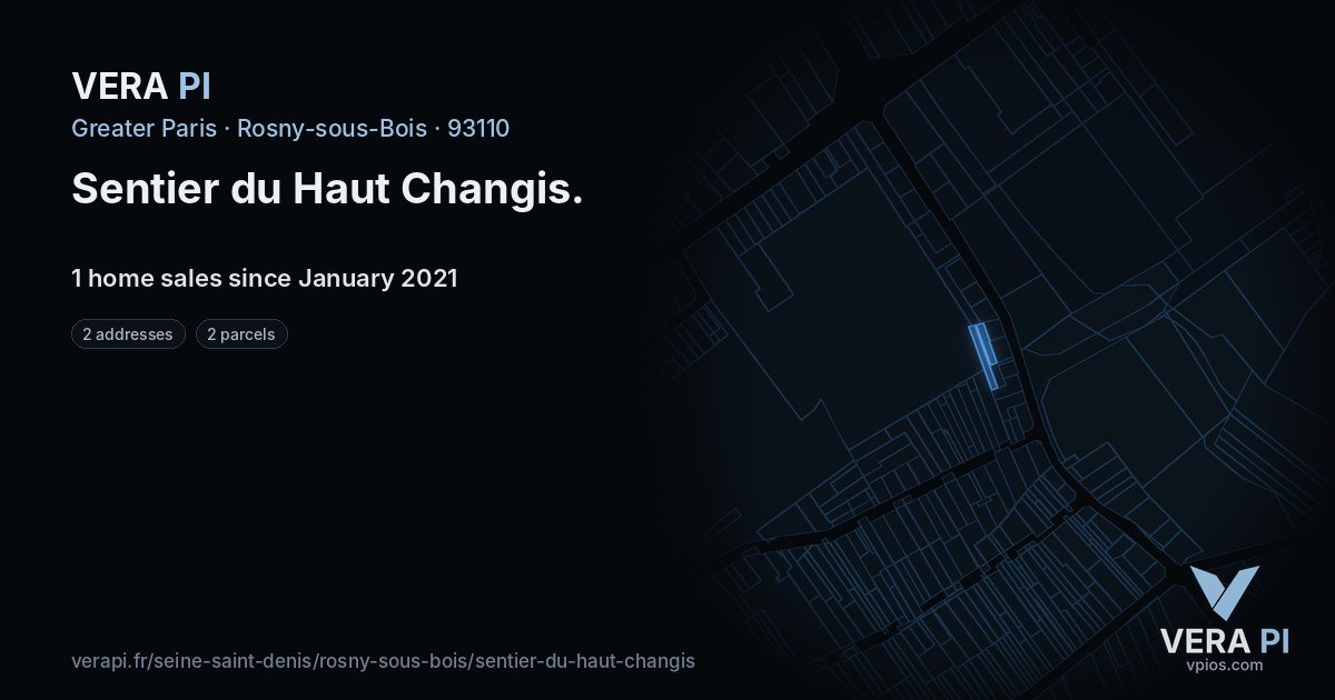 Sentier du Haut Changis, Rosny-sous-Bois at night – every parcel coloured by the prices around it, the street's own parcels lit