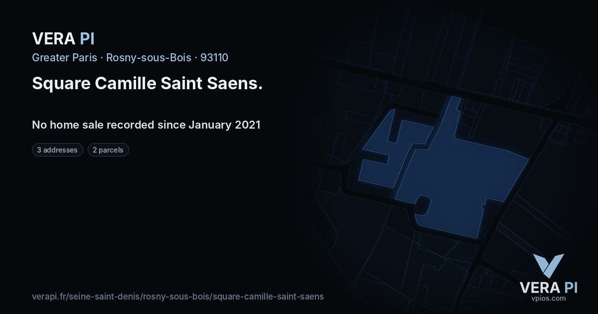 Square Camille Saint Saens, Rosny-sous-Bois at night – every parcel coloured by the prices around it, the street's own parcels lit