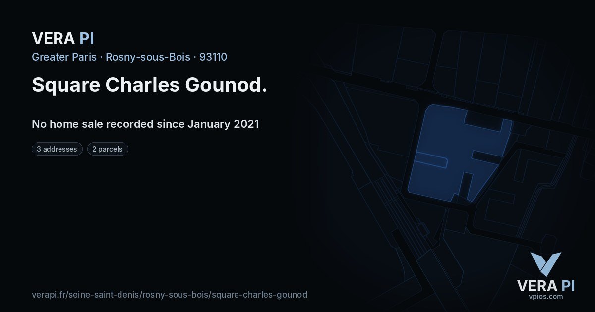 Square Charles Gounod, Rosny-sous-Bois at night – every parcel coloured by the prices around it, the street's own parcels lit