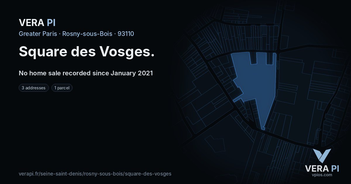 Square des Vosges, Rosny-sous-Bois at night – every parcel coloured by the prices around it, the street's own parcels lit