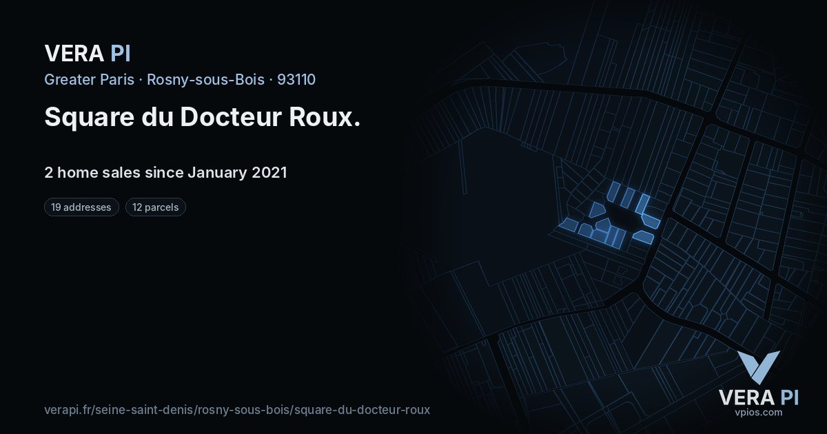 Square du Docteur Roux, Rosny-sous-Bois at night – every parcel coloured by the prices around it, the street's own parcels lit