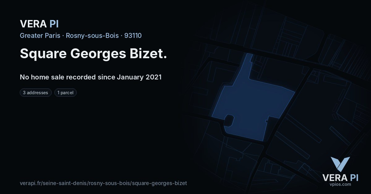 Square Georges Bizet, Rosny-sous-Bois at night – every parcel coloured by the prices around it, the street's own parcels lit