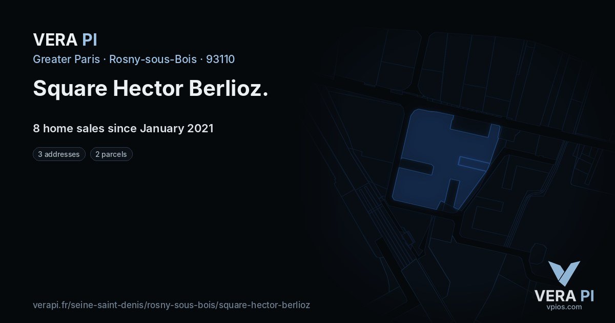 Square Hector Berlioz, Rosny-sous-Bois at night – every parcel coloured by the prices around it, the street's own parcels lit