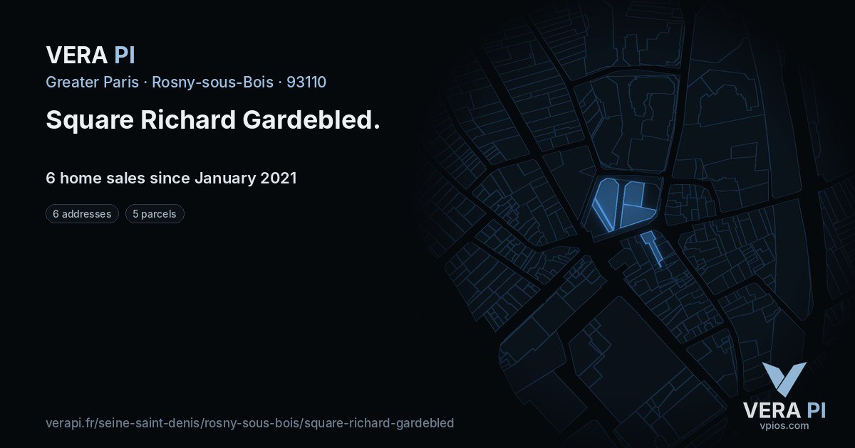 Square Richard Gardebled, Rosny-sous-Bois at night – every parcel coloured by the prices around it, the street's own parcels lit