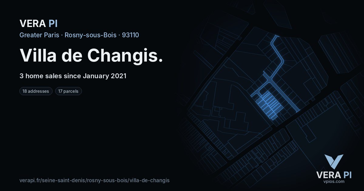 Villa de Changis, Rosny-sous-Bois at night – every parcel coloured by the prices around it, the street's own parcels lit