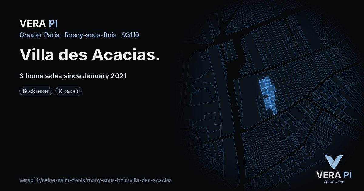 Villa des Acacias, Rosny-sous-Bois at night – every parcel coloured by the prices around it, the street's own parcels lit