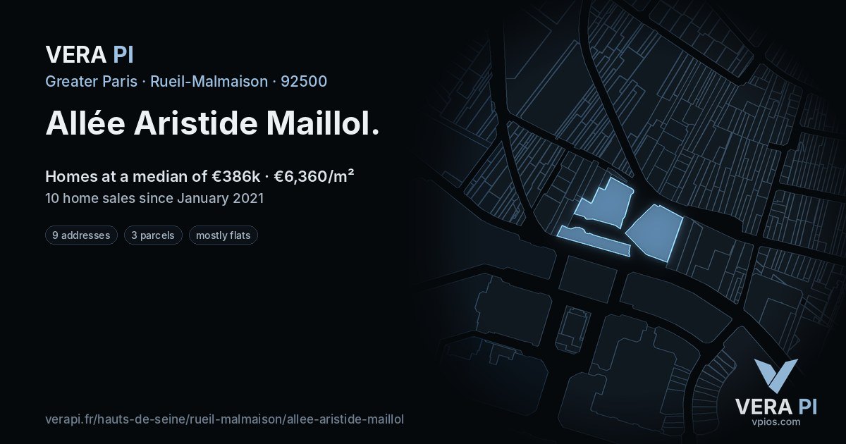 Allée Aristide Maillol, Rueil-Malmaison at night – every parcel coloured by the prices around it, the street's own parcels lit
