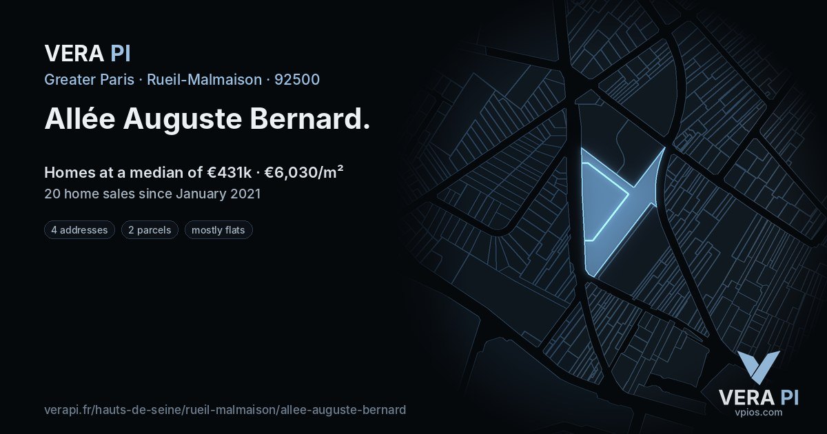 Allée Auguste Bernard, Rueil-Malmaison at night – every parcel coloured by the prices around it, the street's own parcels lit