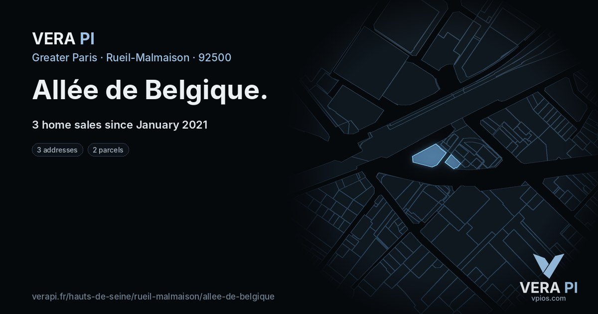 Allée de Belgique, Rueil-Malmaison at night – every parcel coloured by the prices around it, the street's own parcels lit