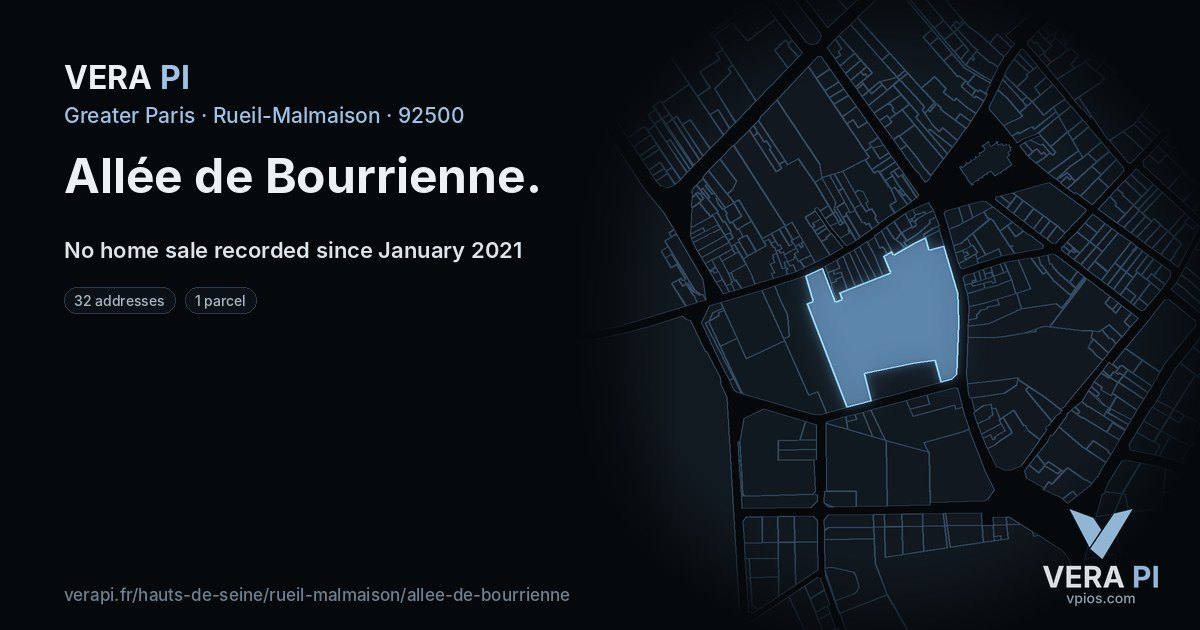 Allée de Bourrienne, Rueil-Malmaison at night – every parcel coloured by the prices around it, the street's own parcels lit