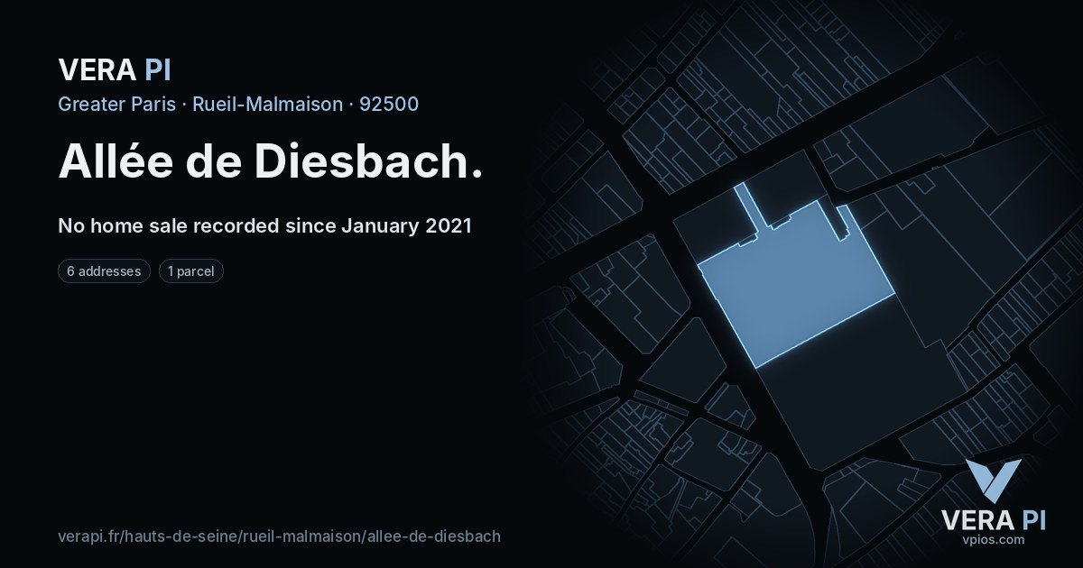 Allée de Diesbach, Rueil-Malmaison at night – every parcel coloured by the prices around it, the street's own parcels lit