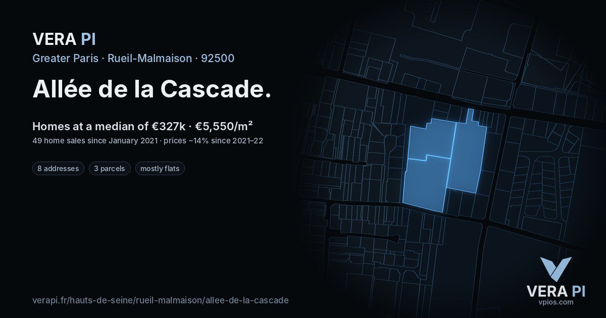 Allée de la Cascade, Rueil-Malmaison at night – every parcel coloured by the prices around it, the street's own parcels lit