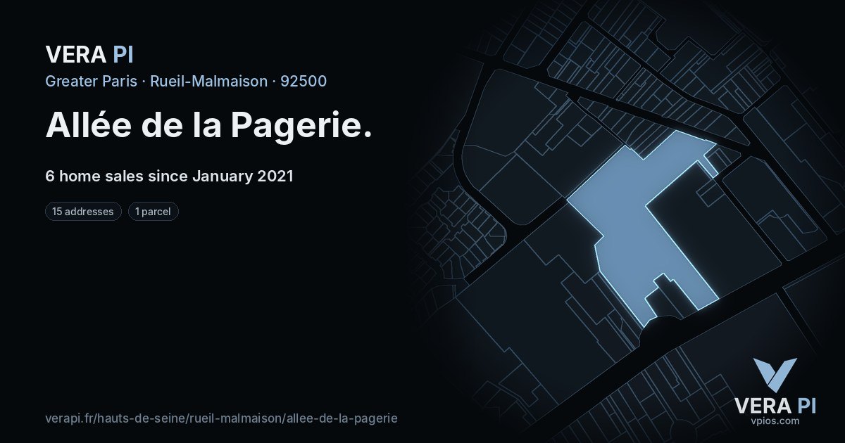 Allée de la Pagerie, Rueil-Malmaison at night – every parcel coloured by the prices around it, the street's own parcels lit